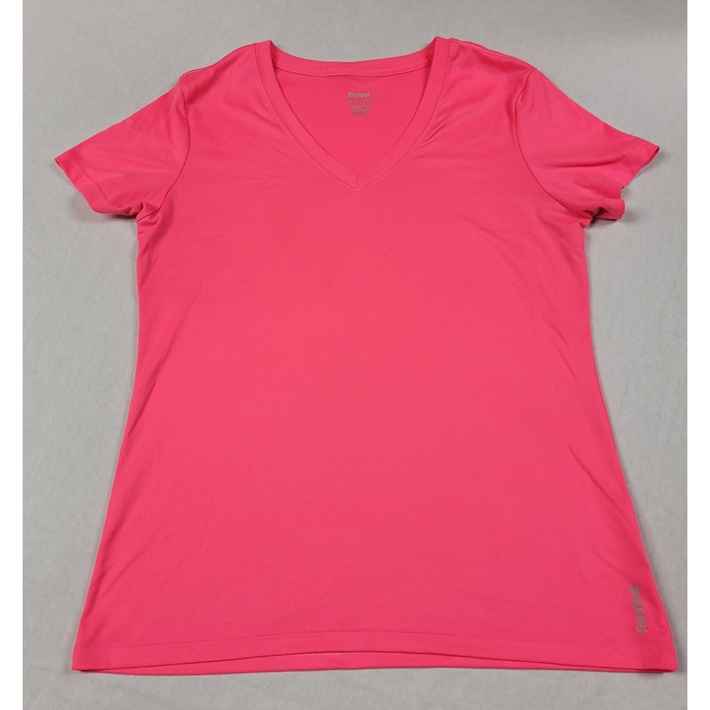 Reebok PlayDry Women's Fuchsia Pink V-Neck Athletic T-Shirt Short Sleeve Size L